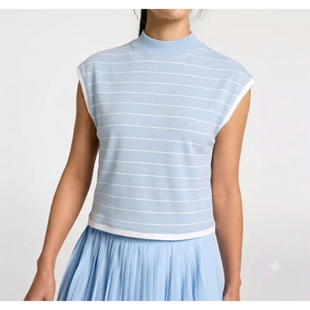 CALIA Ribbed Cropped Mock Neck Tank Top Womens M Blue Stripe Stretch Athletic